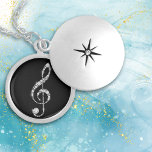 Faux Diamond Treble Clef on Black Music Locket Necklace<br><div class="desc">Stunningly beautiful is this necklace that features a faux diamond formed treble clef. The image is placed on a black background for dramatic effect,  but you may easily change the background colour by customizing it. Perfect for the music student,  teacher,  or performer! *Design credit to ThingsByLary.</div>
