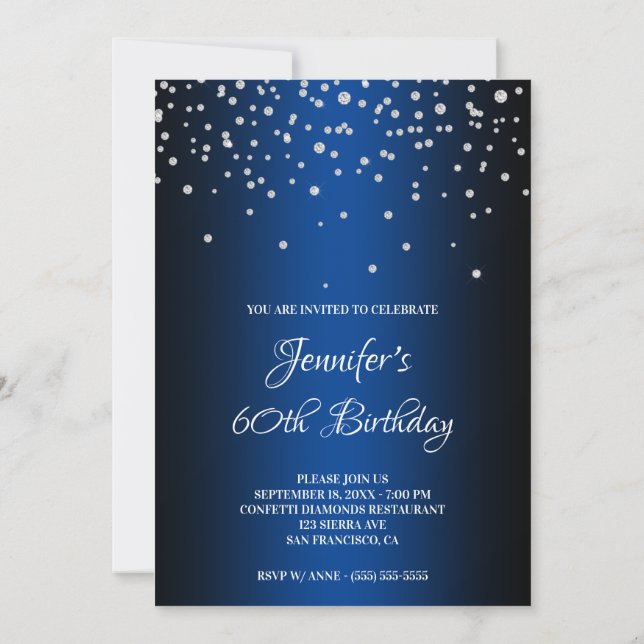 Faux Diamonds and Blue Ombre 60th Birthday Invitation (Back)