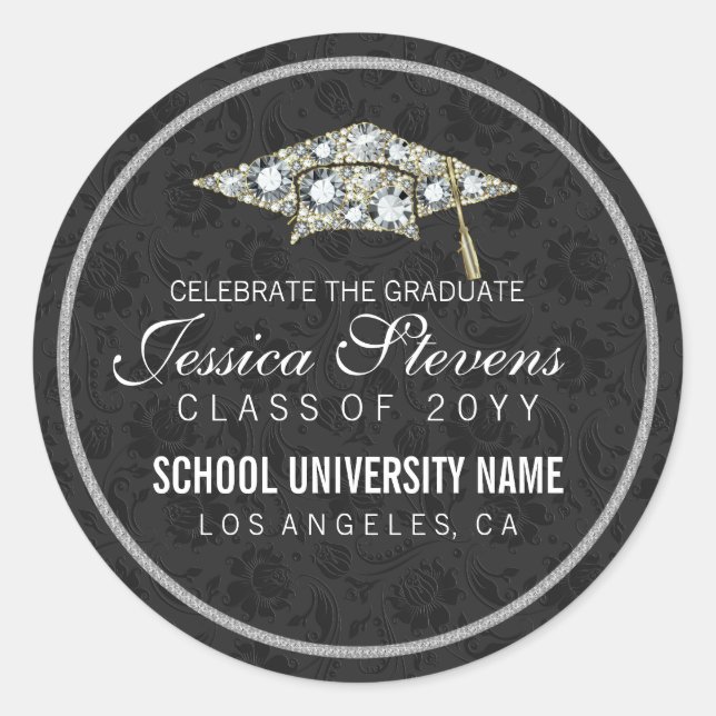 Faux Diamonds And Silver Graduation Hat 2 Classic Round Sticker (Front)