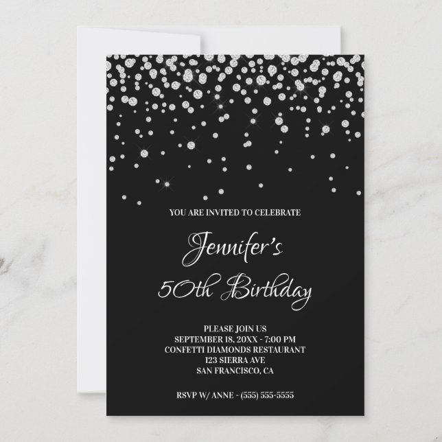 Faux Diamonds Black 50th Birthday Invitation (Back)