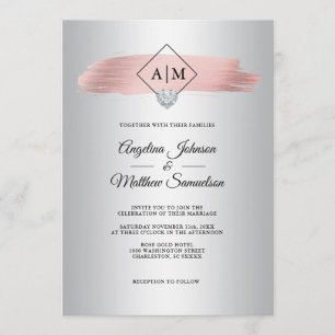 Faux Dusty Rose Gold Foil Silver Monogram Wedding Invitation