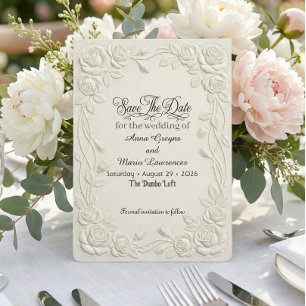 Faux Embossed 3D Floral Cream Relief Effect Save The Date