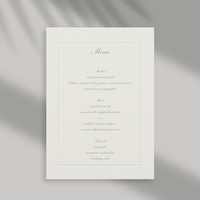 Faux Embossed Beaded Frame Ecru Elegant Wedding Menu (formal wedding menu faux embossed beaded frame ecru linen classic traditional elegant)