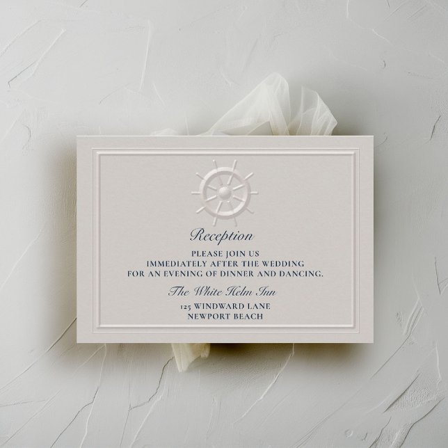 Faux Embossed Boat Helm Coastal Wedding Reception Enclosure Card (nautical wedding reception details card faux embossed boat helm double frame modern classic navy)