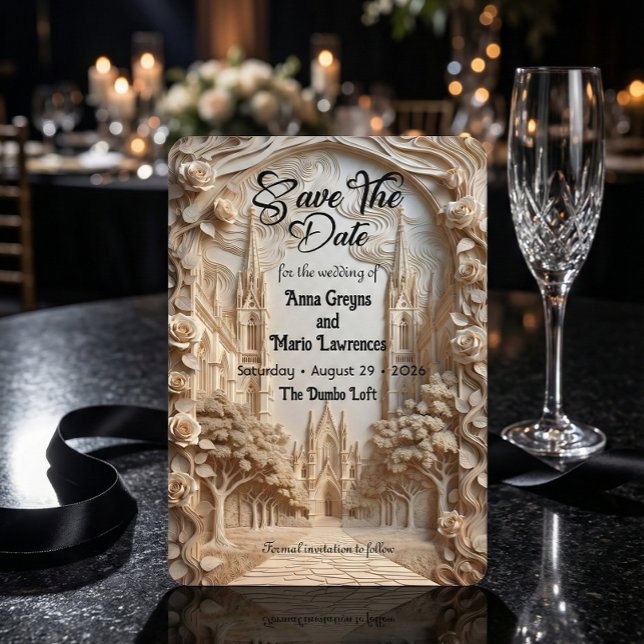 Faux Embossed Cathedral Arch Floral Relief Save The Date (Creator Uploaded)