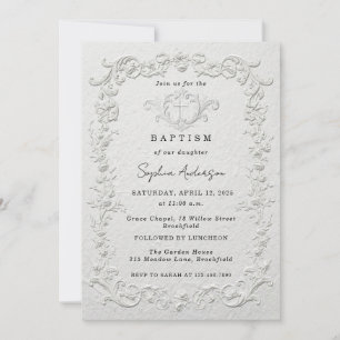 Faux Embossed Floral Baptism Invitation