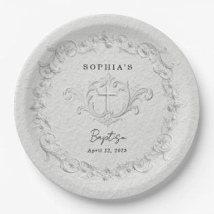 Faux Embossed Floral Baptism Paper  Plate