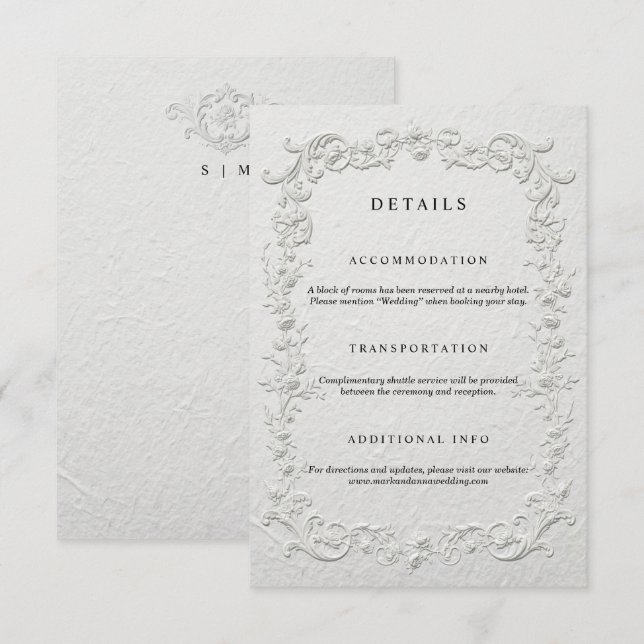 Faux Embossed Floral Wedding Details Card (Front/Back)