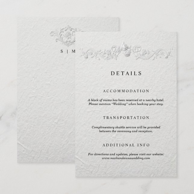 Faux Embossed Floral Wedding Details Card (Front/Back)
