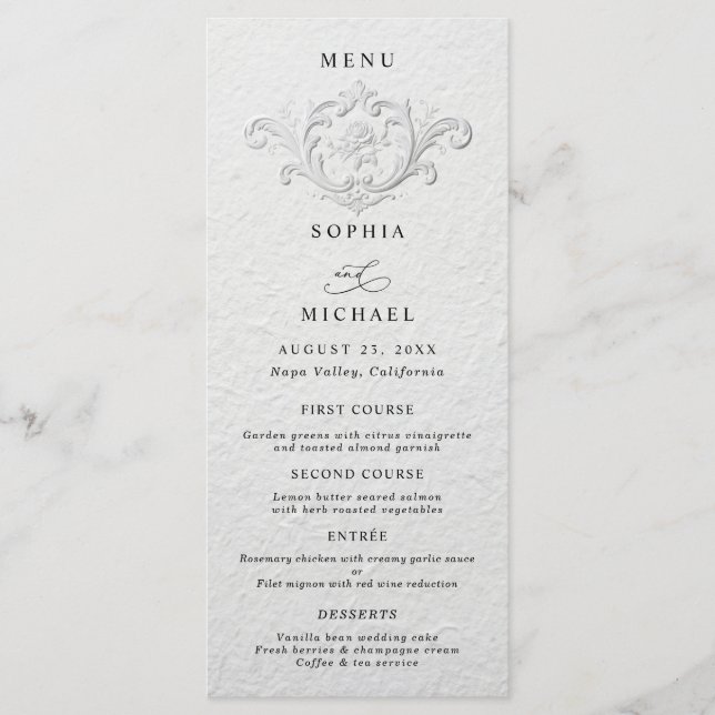 Faux Embossed Floral Wedding Flat Menu (Devant)