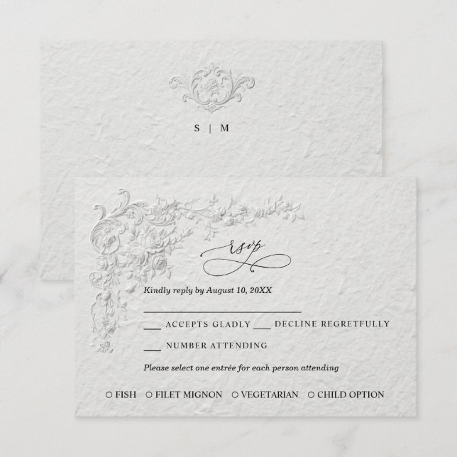 Faux Embossed Floral Wedding RSVP Card (Devant / Derrière)