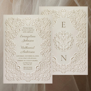 Faux Embossed Lace Timeless Ivory Formal Wedding Invitation