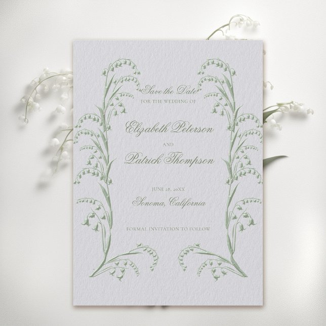 Faux Embossed Lily Valley Green Formal Wedding Save The Date (formal wedding save the date classic traditional faux embossed lily of the valley frame ivory green)