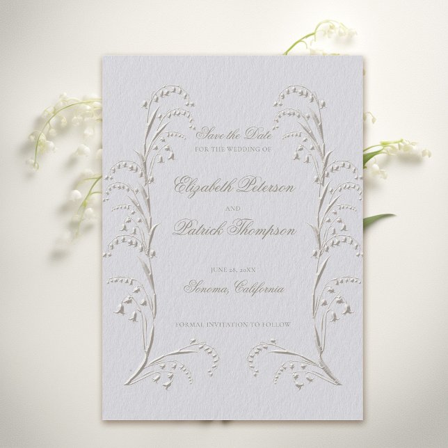 Faux Embossed Lily Valley Ivory Formal Wedding Save The Date (formal wedding save the date classic traditional faux embossed lily of the valley frame ivory)