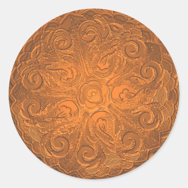 Faux Embossed Look Ornate Seal, Orange Classic Round Sticker (Front)