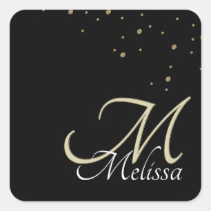 Faux Embossed Monogram and Gold Confetti Square Sticker