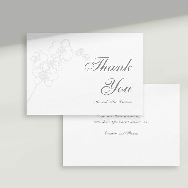 Faux Embossed Orchids Art Formal Wedding Thank You (formal wedding thank you card faux embossed orchid floral modern classic traditional calligraphy)