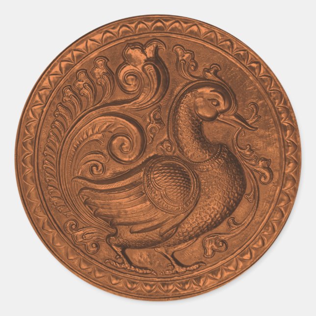 Faux Embossed Peacock Copper Set 1026 Classic Round Sticker (Front)