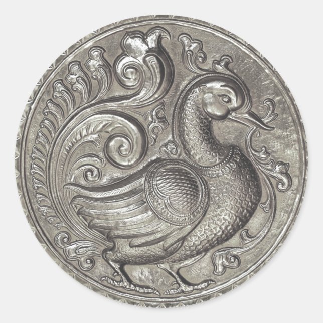 Faux Embossed Peacock Silver Set 1026 Classic Round Sticker (Front)