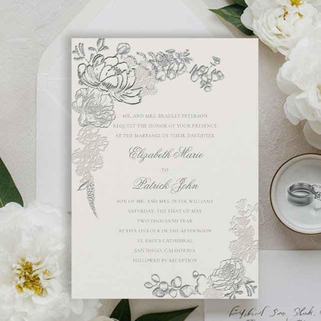 Faux Embossed Peonies Frame Formal Ecru Wedding Invitation (peony wedding invitation floral frame formal traditional elegant calligraphy modern classic ecru)