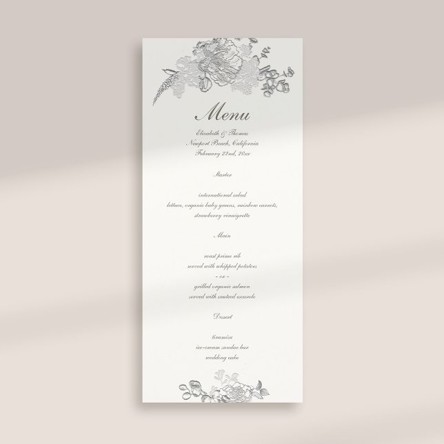 Faux Embossed Peony Classic Formal Pearl Wedding Menu (formal traditional elegant calligraphy wedding menu card faux embossed peony pearl classic)