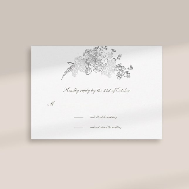 Faux Embossed Peony Formal Ivory Wedding RSVP Card (formal traditional elegant calligraphy wedding rsvp card faux embossed peony ivory classic)