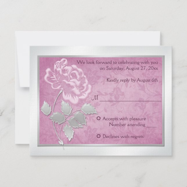 FAUX Embossed Pink Peony on Silver Reply Card (Front)