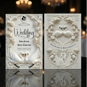 Faux Embossed Relief Sculpted Swans Wedding  Invitation