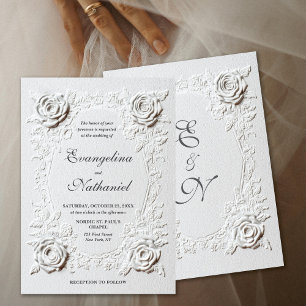  Faux Embossed Roses Elegant Script Formal Wedding Invitation