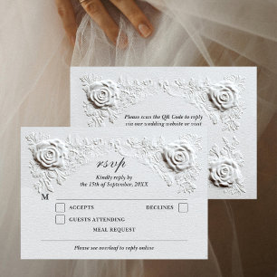 Faux Embossed Roses Elegant Script QR Code Wedding RSVP Card