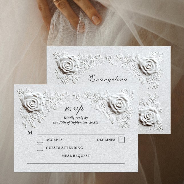 Faux Embossed Roses Elegant Script Wedding RSVP Card (Creator Uploaded)