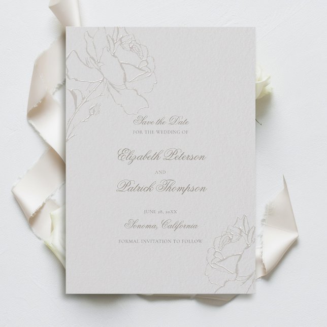 Faux Embossed Roses Ivory Formal Classic Wedding Save The Date (formal traditional wedding save the date faux embossed roses floral elegant modern classic ivory )