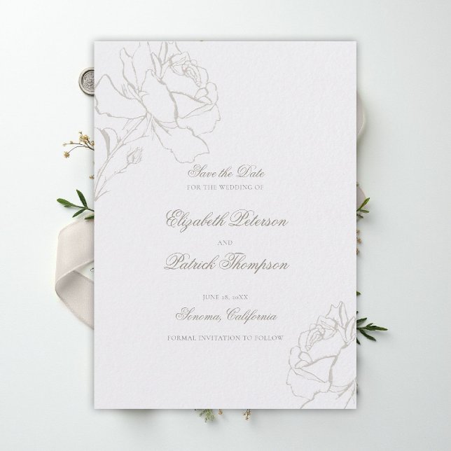 Faux Embossed Roses Pearl Formal Classic Wedding Save The Date (ethereal wedding theme white save the date formal traditional modern classic floral roses elevated)