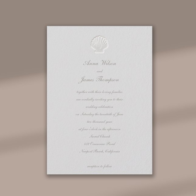 Faux Embossed Seashell Formal Classic Wedding Invitation (formal traditional wedding invitation nautical seashell beach ocean sea lake yacht faux embossed)