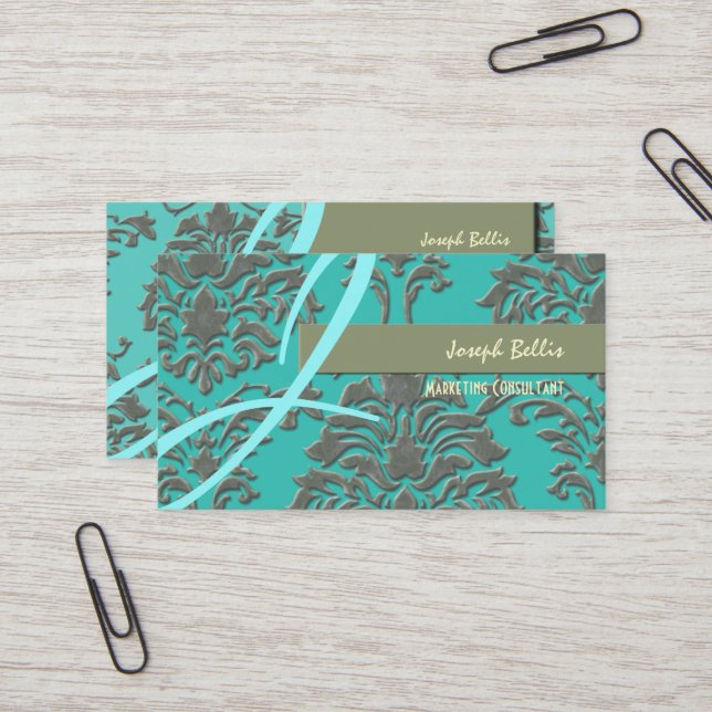 Faux embossed silver damask/DIY background Business Card (Front/Back In Situ)