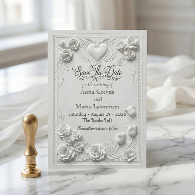 Faux Embossed White Rose Relief Save The Date (Creator Uploaded)