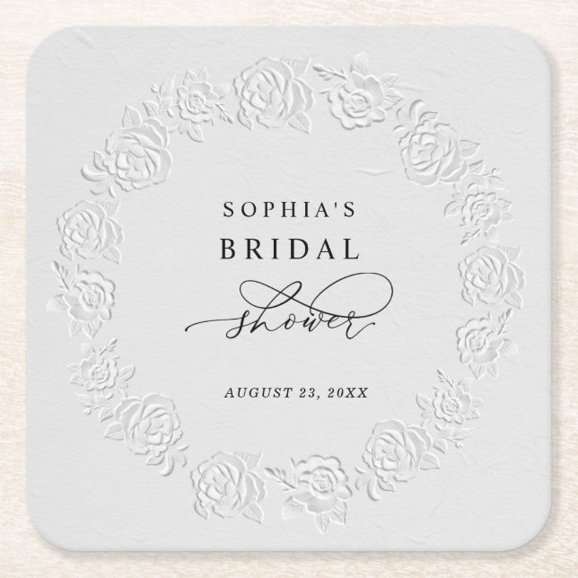 Faux Embossed White Roses Bridal Shower Square Paper Coaster (Front)