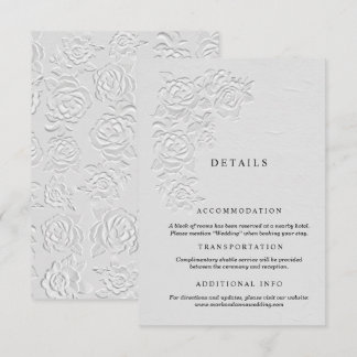 Faux Embossed White Roses Wedding Details Card