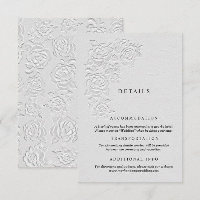 Faux Embossed White Roses Wedding Details Card (Front/Back)