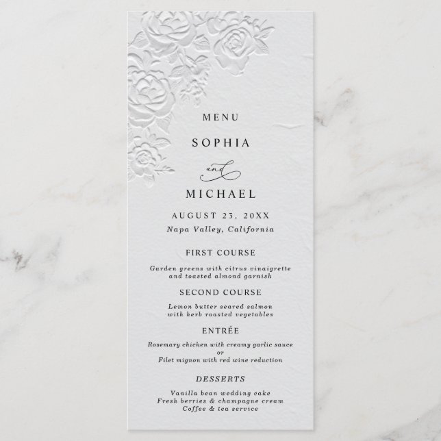 Faux Embossed White Roses Wedding Flat Menu (Devant)