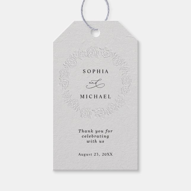 Faux Embossed White Roses Wedding Gift Tag (Front)