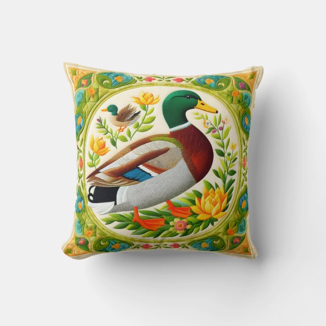 Faux Embroidered and Quilted Look Mallard Duck  Throw Pillow (Front)
