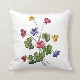 Faux Embroidered Colourful Wood Sorrel Throw Pillow