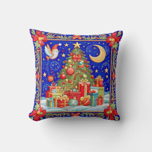 Faux Embroidered Decorated Christmas Tree  Throw Pillow