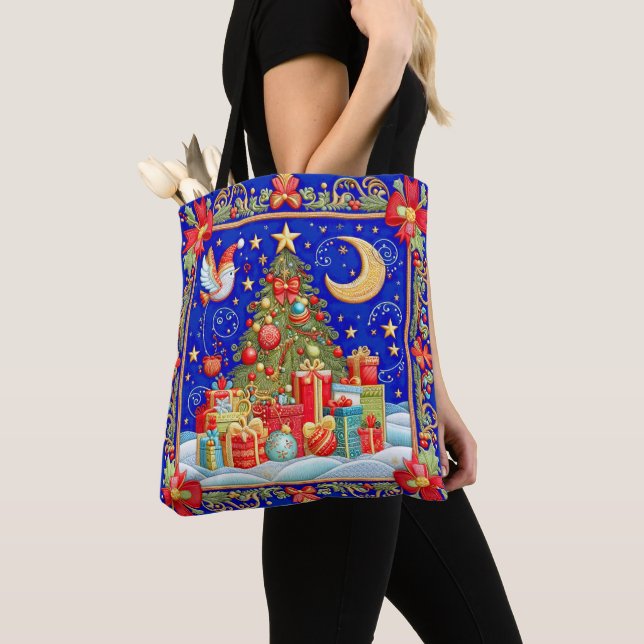 Faux Embroidered Look Decorated Christmas Tree  Tote Bag (Close Up)