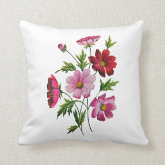 Faux Embroidered Pink and Red Flowers Pillow