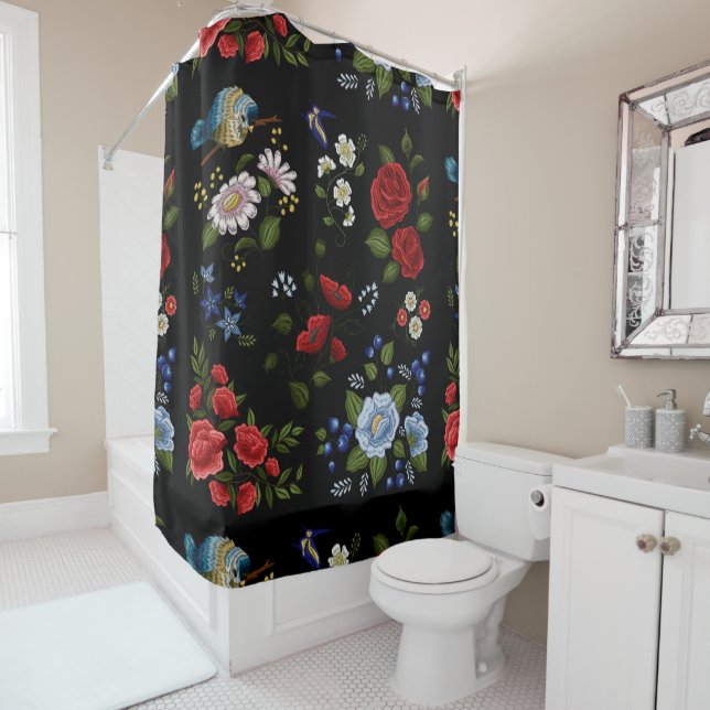 Faux Embroidered Red & Blue Flowers  (In Situ)