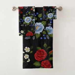 Faux Embroidered Red & Blue Flowers Bath Towel Set