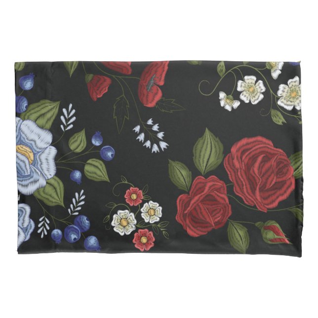 Faux Embroidered Red & Blue Flowers   Pillowcase (Front-Left)