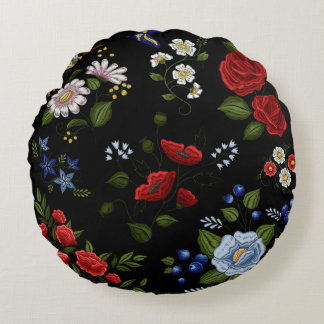 Faux Embroidered Red & Blue Flowers Round Pillow